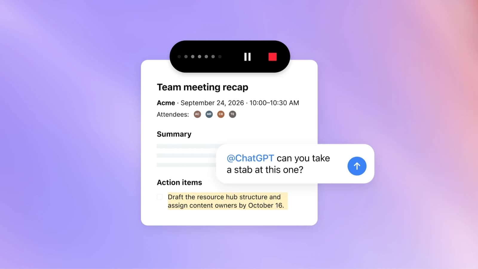 Visuel officiel d'OpenAI d'un compte rendu de réunion généré par le plugin Meetings, avec une demande d'action adressée à @ChatGPT. Source : OpenAI
