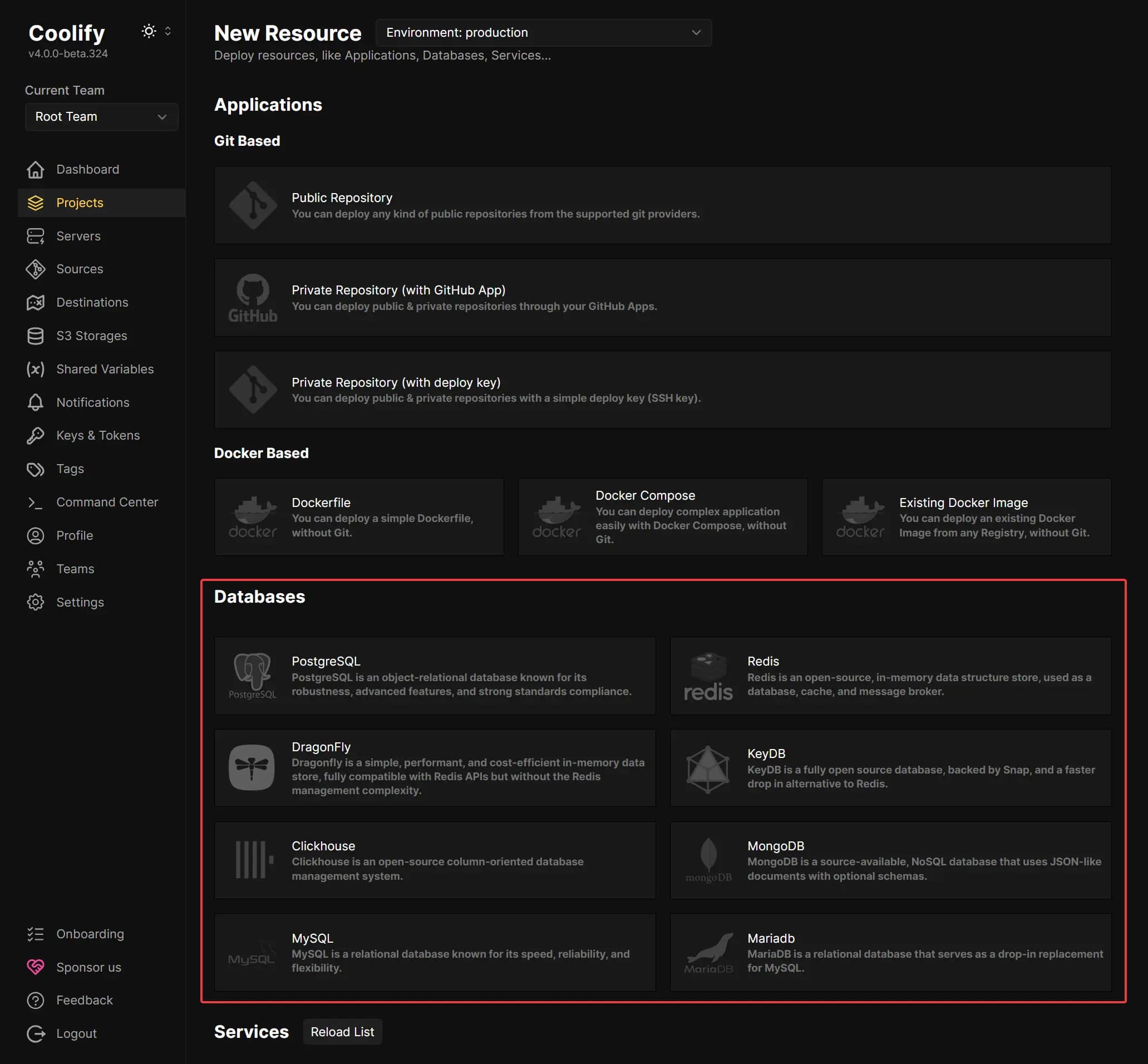 Interface de Coolify pour ajouter une base de données PostgreSQL via un formulaire de configuration en un clic