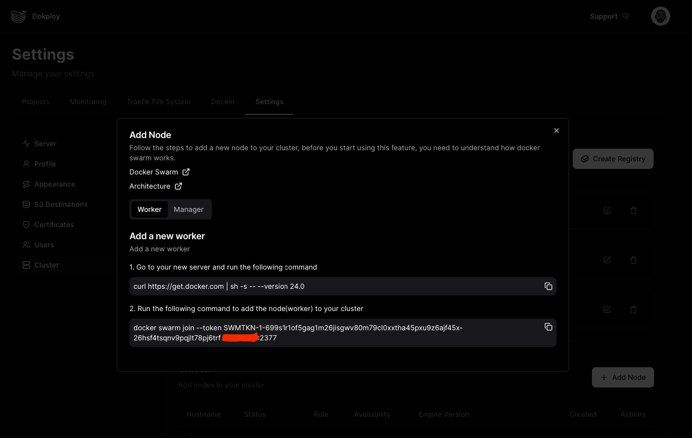 Formulaire d'ajout d'un nœud worker dans l'interface Dokploy affichant la commande de rattachement au cluster Swarm