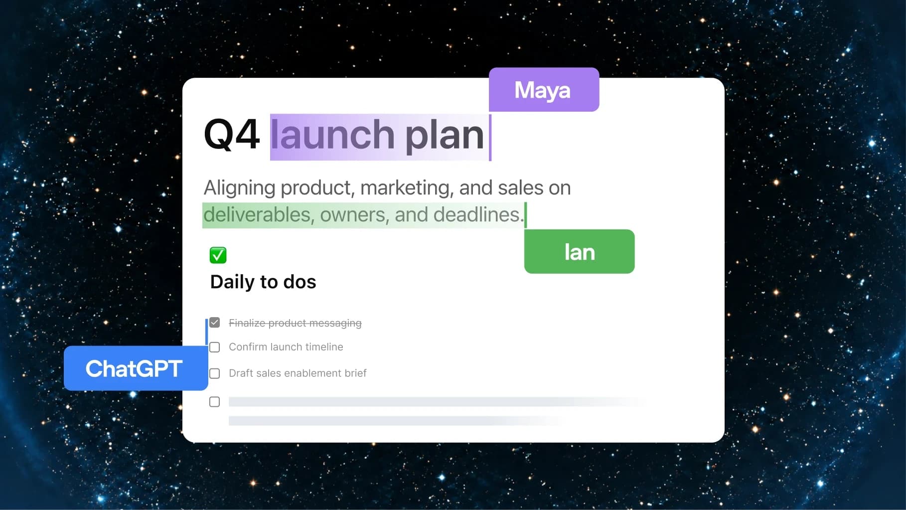 Visuel officiel d'OpenAI de ChatGPT Pages : un document « Q4 launch plan » co-édité en temps réel par Maya, Ian et ChatGPT, avec une liste de tâches partagée. Source : OpenAI