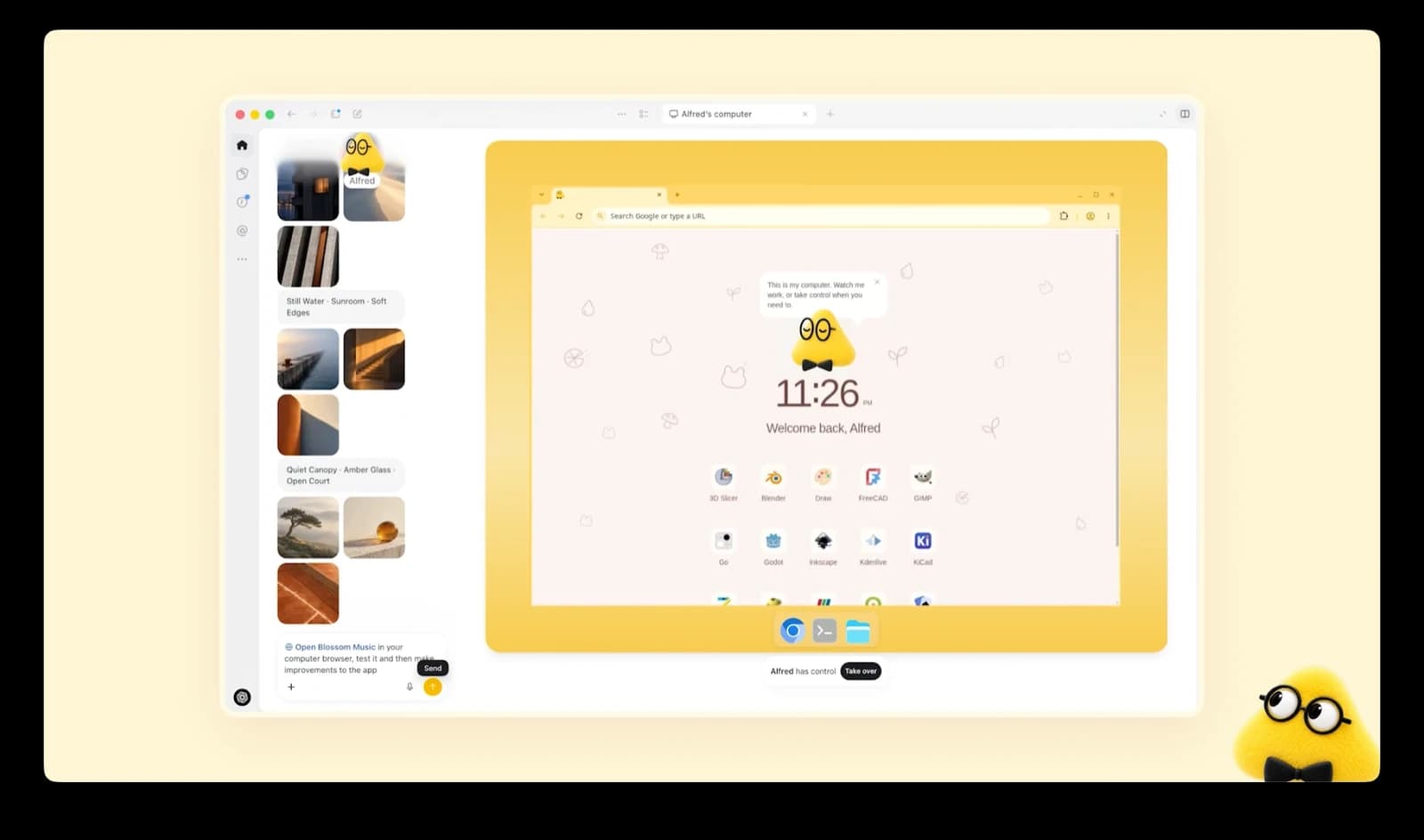Capture officielle d'OpenAI : à gauche la conversation avec le dot Alfred, à droite « Alfred's computer », son propre ordinateur cloud avec navigateur et applications, et un bouton pour reprendre la main. Source : OpenAI