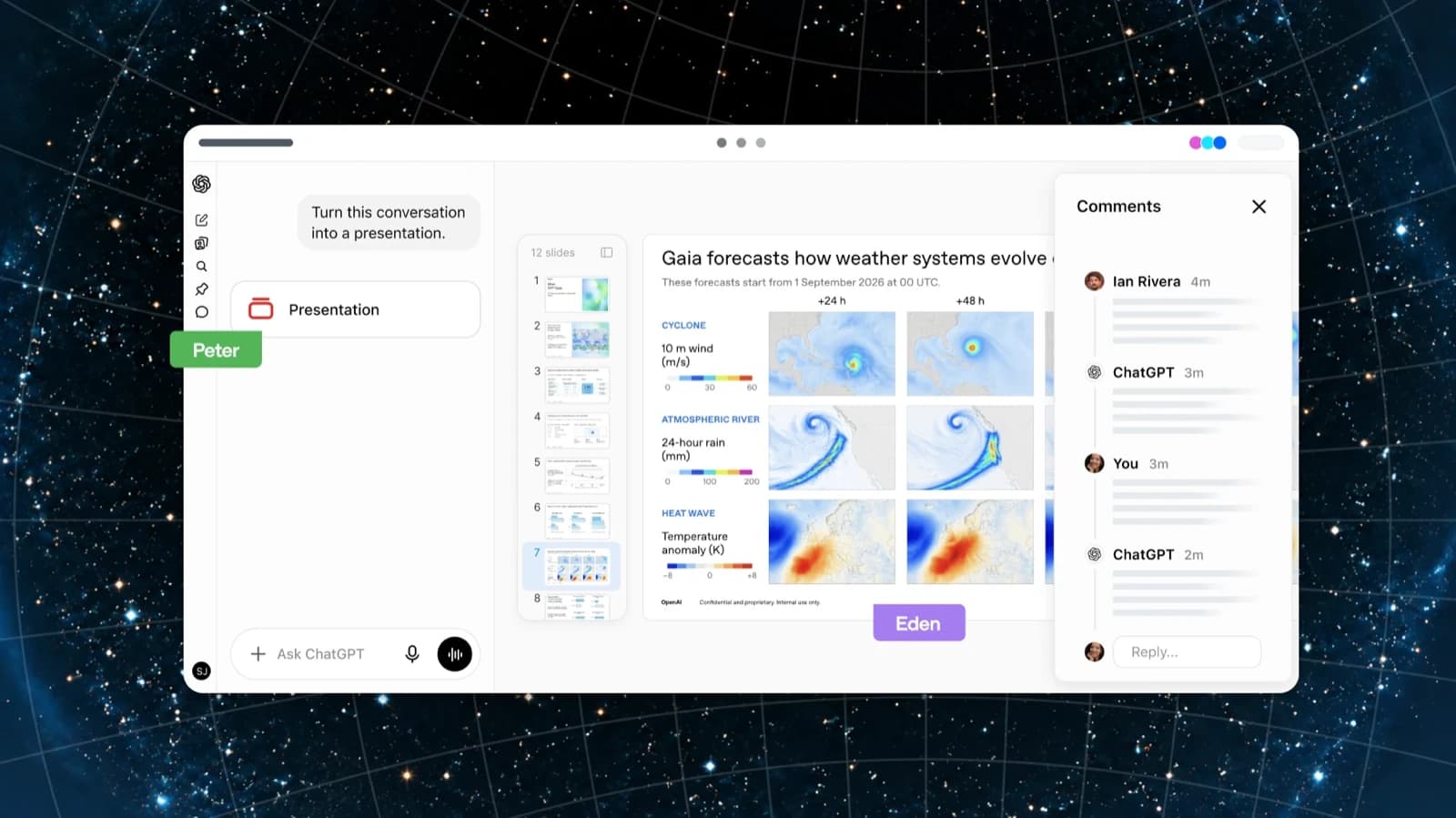 Visuel officiel d'OpenAI de l'éditeur de présentations collaboratif de ChatGPT, avec miniatures des diapositives et commentaires. Source : OpenAI