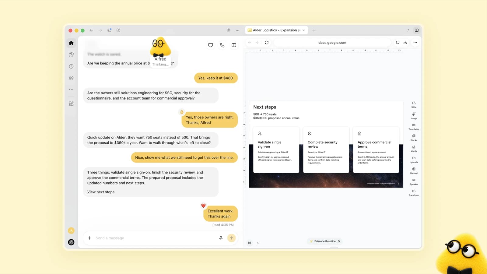 Visuel officiel d'OpenAI : le dot Alfred suit une proposition commerciale passée de 500 à 750 sièges, soit 360 000 dollars par an, et affiche les prochaines étapes pour conclure. Source : OpenAI