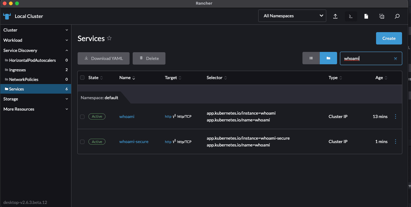 Dashboard Rancher Desktop Section Services