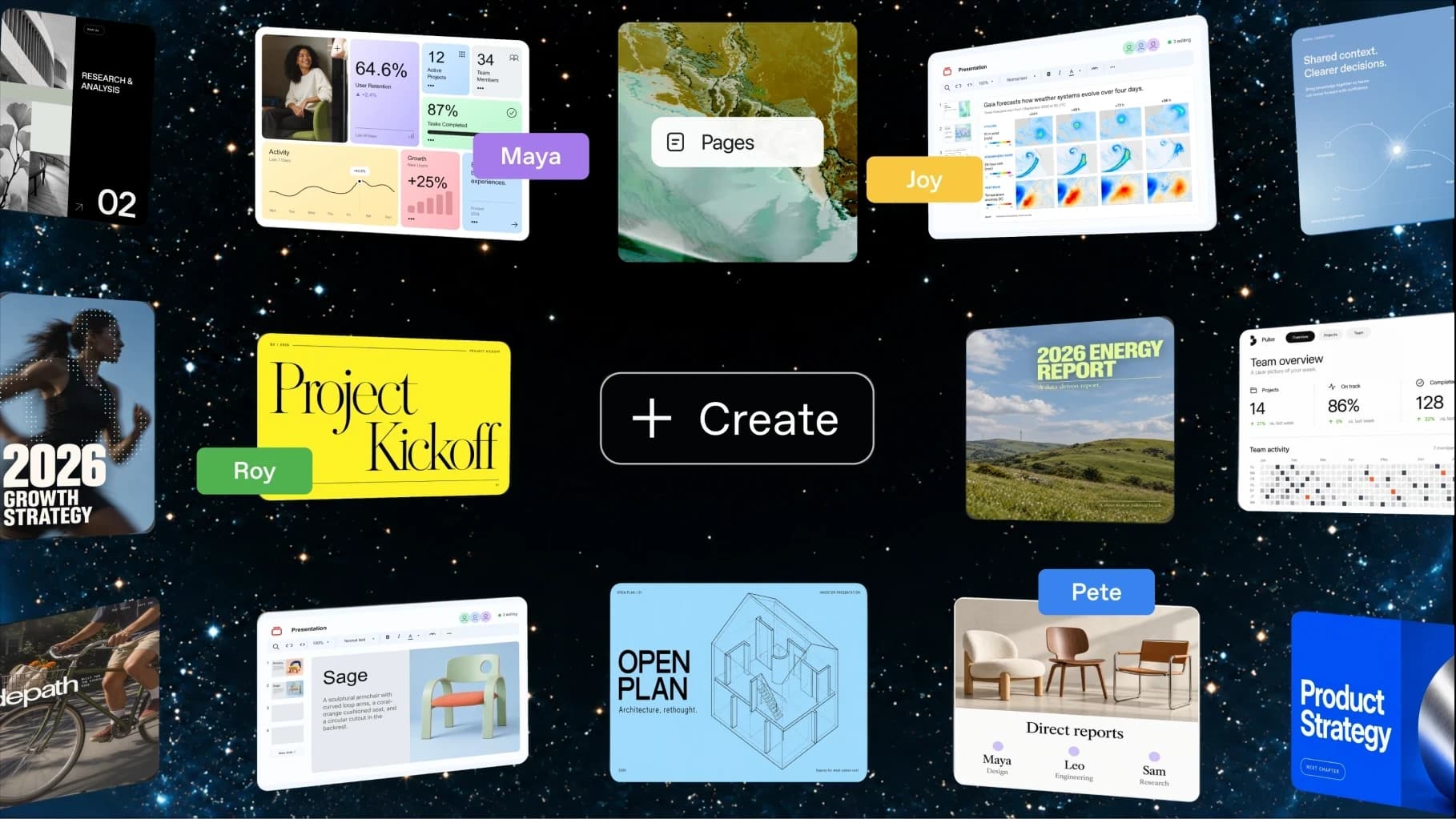 Visuel officiel d'OpenAI de ChatGPT Space : des dizaines de documents, tableaux de bord et présentations d'équipe autour d'un bouton Create, avec les curseurs de collaborateurs nommés. Source : OpenAI
