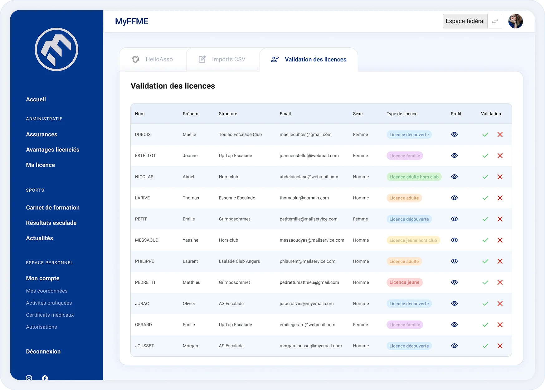 Capture de la plateforme MyFFME, gestion automatisée des flux financiers