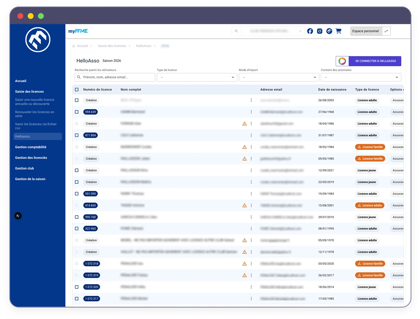 Capture de la plateforme MyFFME, paiement en ligne simplifié avec HelloAsso